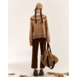 AsGony Fair Isle Hairball Beanie Brown