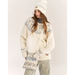 AsGony Fair Isle Hairball Beanie White