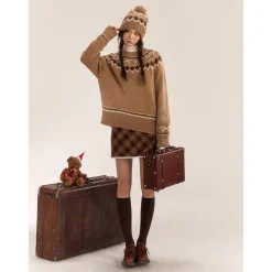 AsGony Fair Isle Hairball Beanie Brown