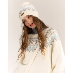 AsGony Fair Isle Hairball Beanie White