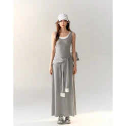 AsGony Fake-2-Piece Strap Knit Vest Long Dress Gray