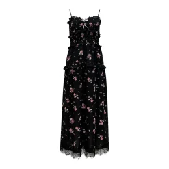 AsGony Floral Suspender Long Dress Black