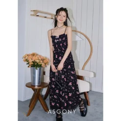 AsGony Floral Suspender Long Dress Black