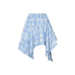 AsGony Irregular Bow Tie Plaid Skirt Blue