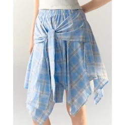 AsGony Irregular Bow Tie Plaid Skirt Blue