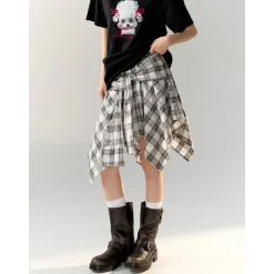 AsGony Irregular Bow Tie Plaid Skirt Black