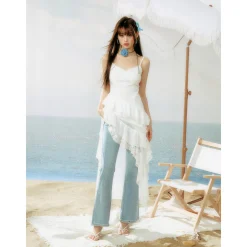 AsGony Irregular Lace Patchwork Ruffled Slip Dress