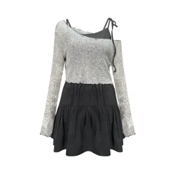 AsGony Irregular Off-Shoulder Knit Top Slip Dress Set Gray