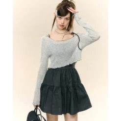 AsGony Irregular Off-Shoulder Knit Top Slip Dress Set Gray