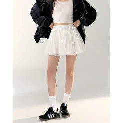 AsGony Lace Edge High Waist Puffy Skirt White