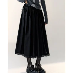 AsGony Lace Patchwork Drawstring Long Skirt Black