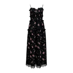 AsGony Lace Patchwork Floral Slip Long Dress Black