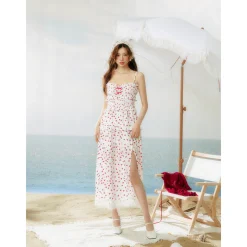 AsGony Lace Patchwork Floral Slip Long Dress White