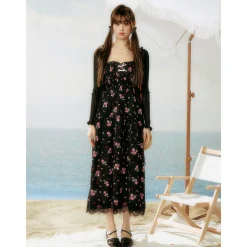 AsGony Lace Patchwork Floral Slip Long Dress Black