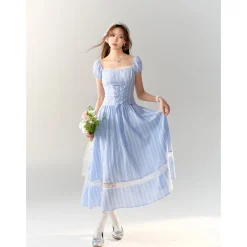 AsGony Lace Patchwork Plaid Waistline Long Dress