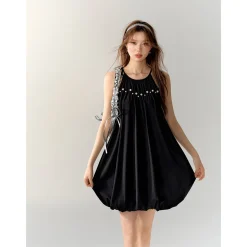 AsGony Pearl Bud Slip Puffy Dress Black