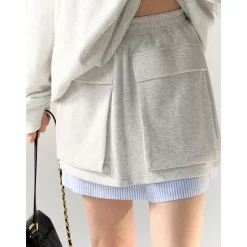 AsGony Retro Irregular Fake-2-Piece Skirt Gray
