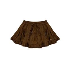 AsGony Retro Lace Edge Elastic-Waist Puffy Skirt Brown