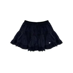 AsGony Retro Lace Edge Elastic-Waist Puffy Skirt Navy Blue