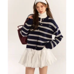 AsGony Retro Lace Edge Elastic-Waist Puffy Skirt White