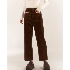 AsGony Retro Lace Patchwork Corduroy Pants Brown