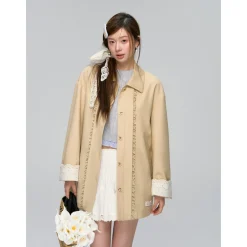 AsGony Retro Lace Patchwork Cuff Lace Edge Jacket Khaki