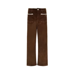 AsGony Retro Lace Patchwork Corduroy Pants Brown