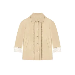 AsGony Retro Lace Patchwork Cuff Lace Edge Jacket Khaki