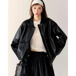 AsGony Retro Lapel Casual Leather Jacket Black