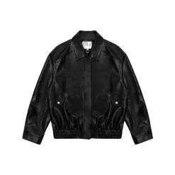AsGony Retro Lapel Casual Leather Jacket Black