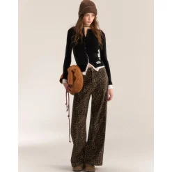 AsGony Retro Leopard High Waist Wide-Leg Pants