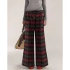 AsGony Retro Plaid Elastic-Waist Wide-Leg Pants
