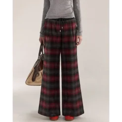 AsGony Retro Plaid Elastic-Waist Wide-Leg Pants