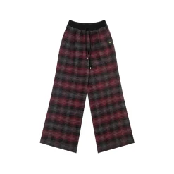 AsGony Retro Plaid Elastic-Waist Wide-Leg Pants