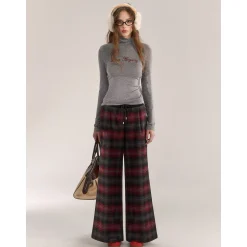 AsGony Retro Plaid Elastic-Waist Wide-Leg Pants