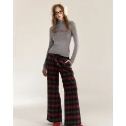AsGony Retro Plaid Elastic-Waist Wide-Leg Pants