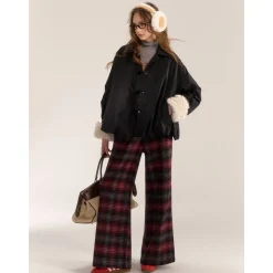 AsGony Retro Plaid Elastic-Waist Wide-Leg Pants