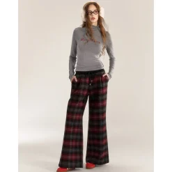 AsGony Retro Plaid Elastic-Waist Wide-Leg Pants