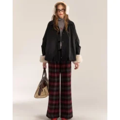 AsGony Retro Plaid Elastic-Waist Wide-Leg Pants