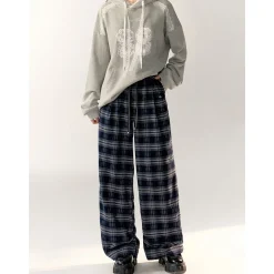 AsGony Retro Plaid High Waist Wide-Leg Pants Navy Blue