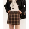 AsGony Retro Plaid High Waist Tweed Skirt Brown