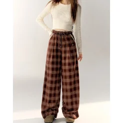 AsGony Retro Plaid High Waist Wide-Leg Pants Brown