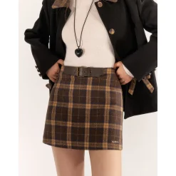 AsGony Retro Plaid High Waist Tweed Skirt Brown