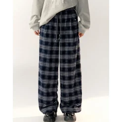 AsGony Retro Plaid High Waist Wide-Leg Pants Navy Blue