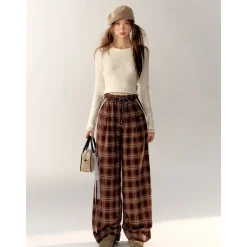 AsGony Retro Plaid High Waist Wide-Leg Pants Brown