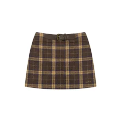 AsGony Retro Plaid High Waist Tweed Skirt Brown