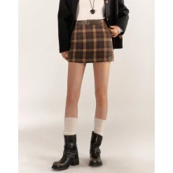 AsGony Retro Plaid High Waist Tweed Skirt Brown