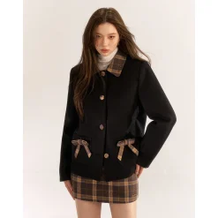 AsGony Retro Plaid High Waist Tweed Skirt Brown