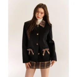 AsGony Retro Plaid High Waist Tweed Skirt Brown