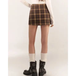 AsGony Retro Plaid High Waist Tweed Skirt Brown